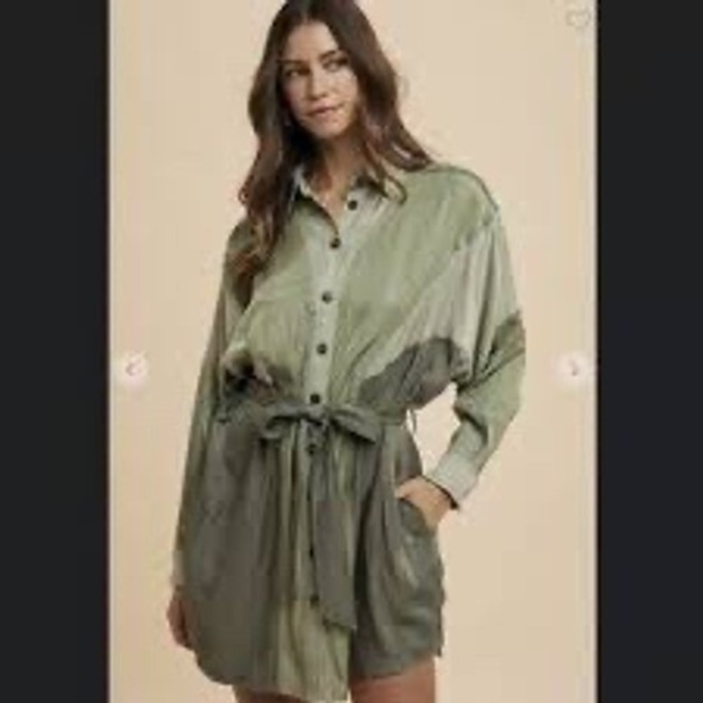 ANNIEWEAR Women Shirt Dress Colorblock Tie Waist Olive Green NWT Size‎ XL